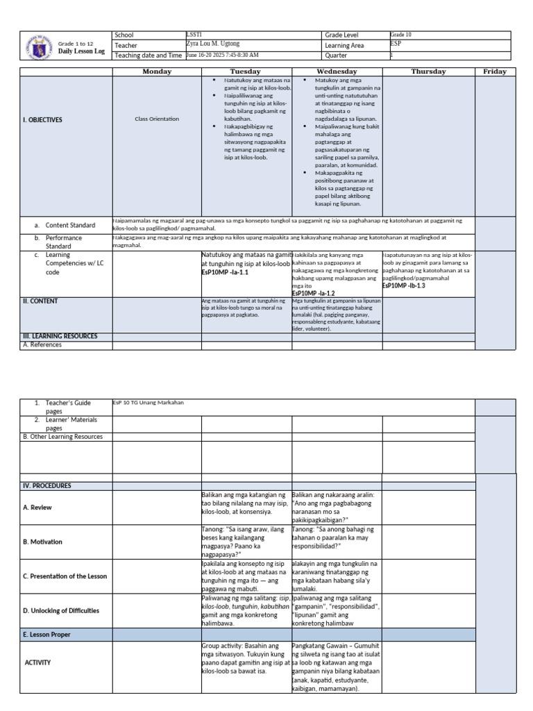 ESP 10 Week 1 | PDF