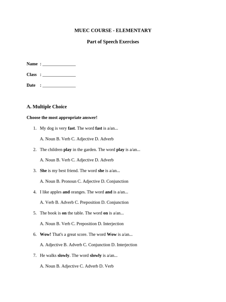 Part of Speech Exercises for Kids | PDF | Adverb | Part Of Speech