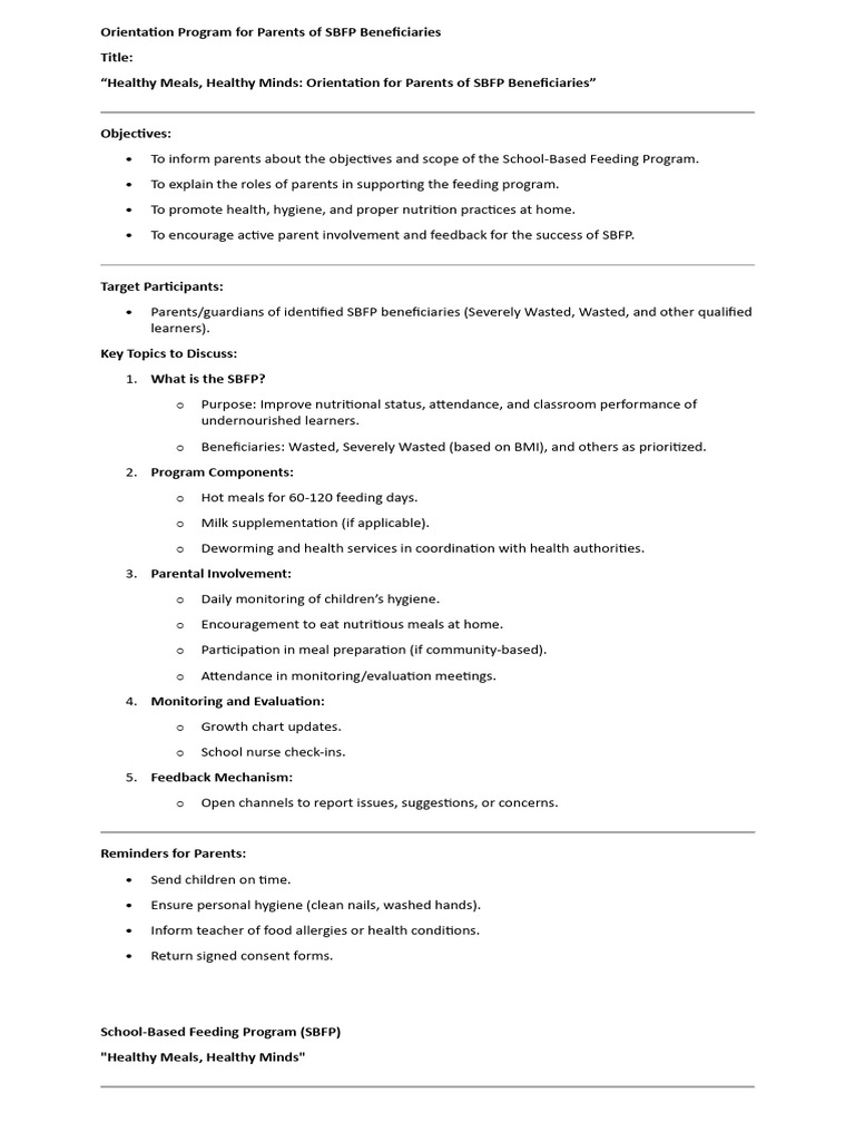 SBFP Parent Orientation Guide | PDF | Hygiene | Malnutrition