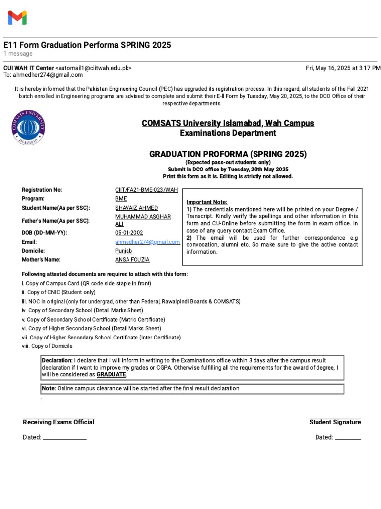 Gmail - E11 Form Graduation Performa SPRING 2025 | PDF | Student ...