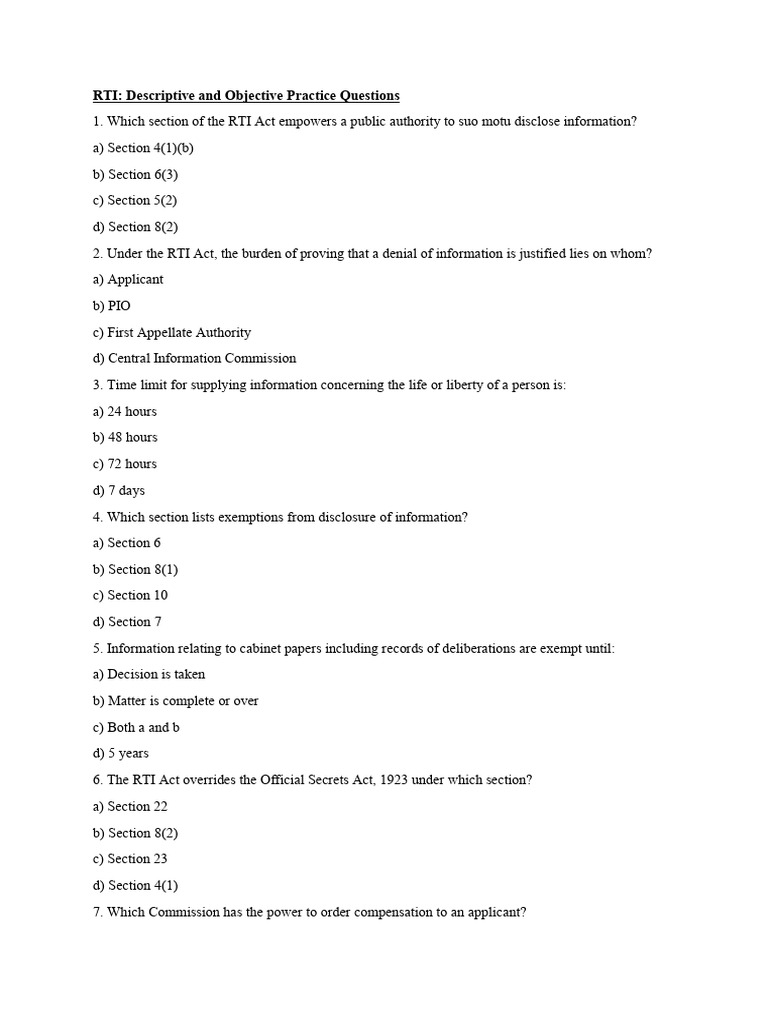 RTI Act Practice Questions and Insights | PDF | Justice | Crime & Violence