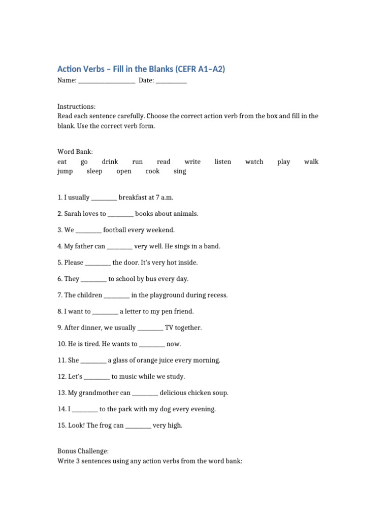 Action Verbs Fill-in-the-Blank Exercise | PDF