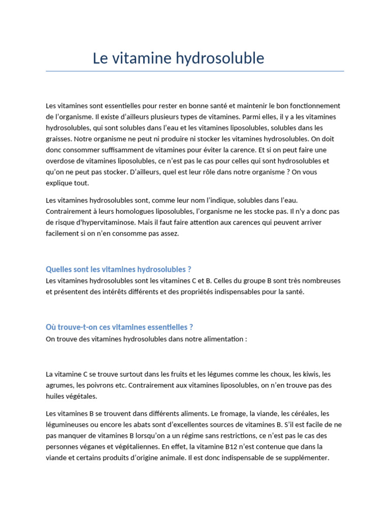 Vitamines hydrosolubles : bienfaits et sources | PDF | Vitamine ...