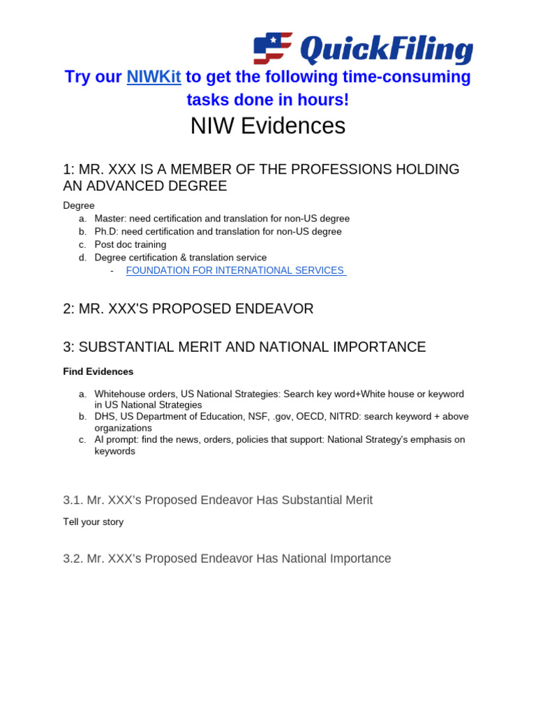 NIW Evidence （中文） | PDF
