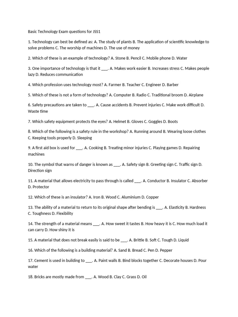 JSS1 Basic Technology Exam Questions | PDF | Building Materials | Materials