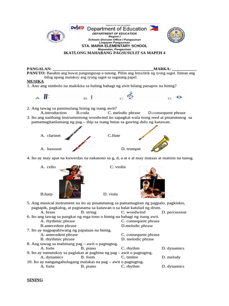Third Periodical Test in Mapeh 4 | PDF