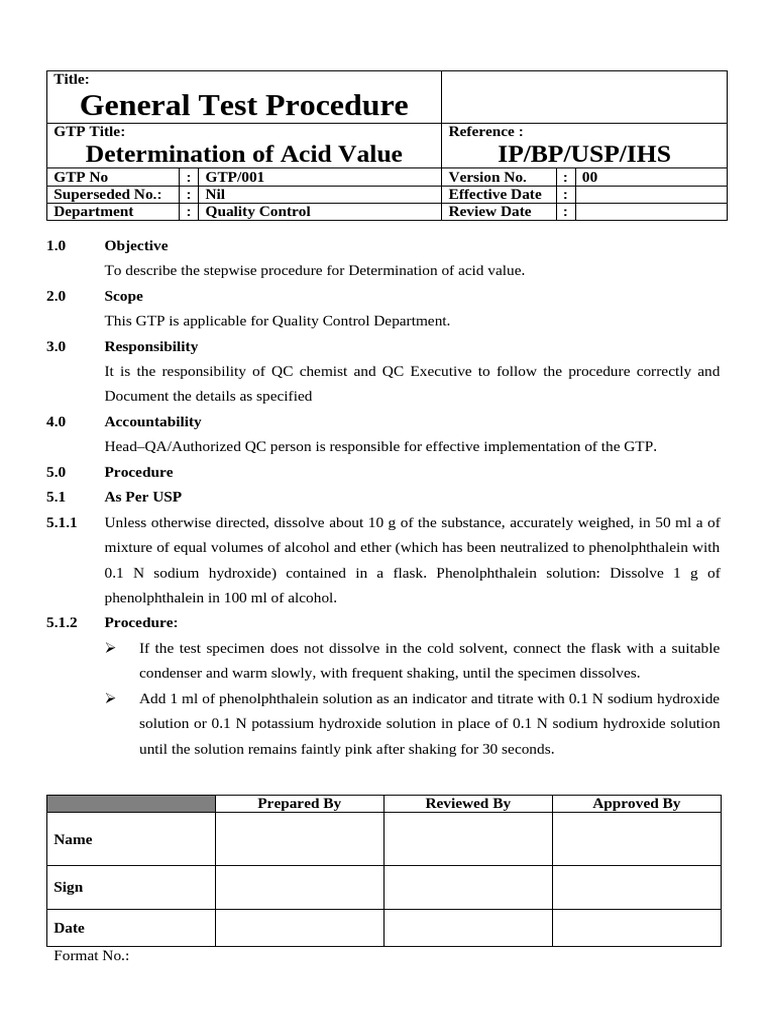 Acid Value Determination Procedure | PDF | Titration | Chemistry