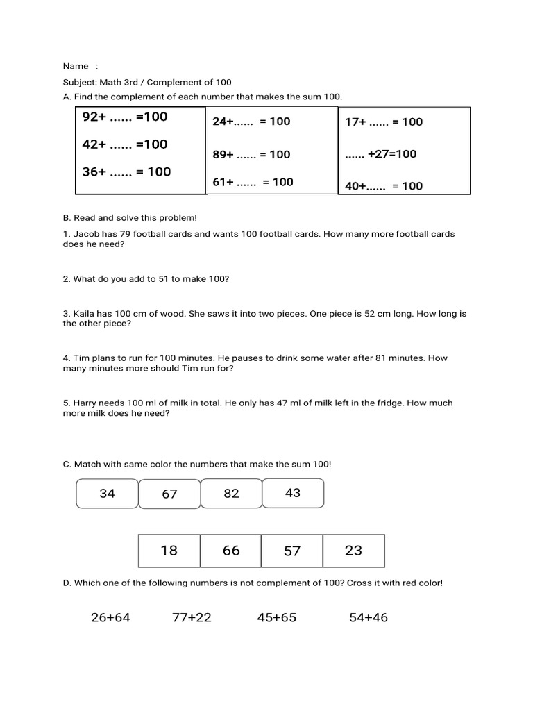 Math Worksheet: Finding Complements to 100 | PDF