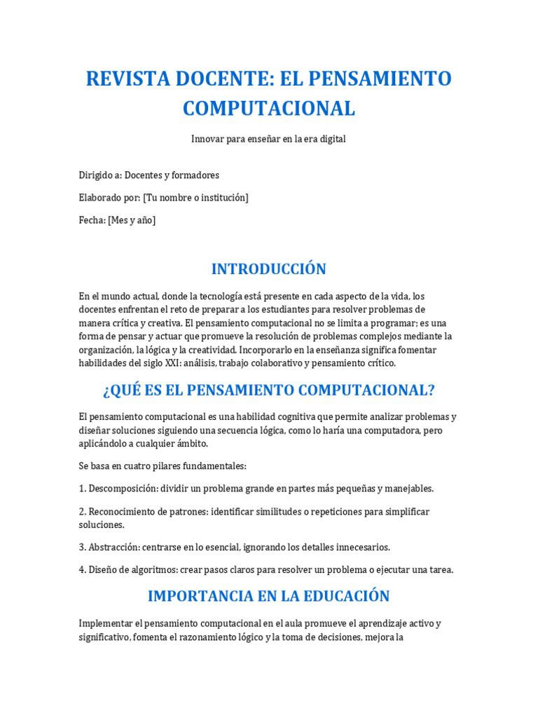 Pensamiento Computacional en Educación | PDF | Pensamiento | Enseñando