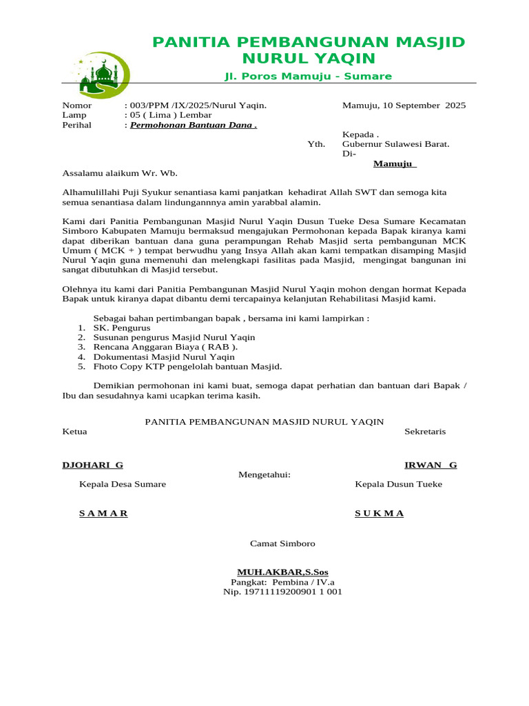 Permohonan Dana Pembangunan Masjid | PDF