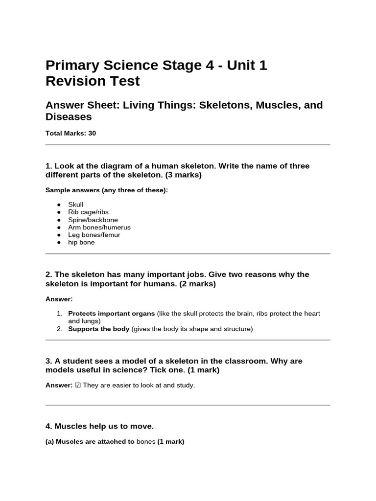 Science Revision: Skeletons & Muscles Test | PDF | Skeleton
