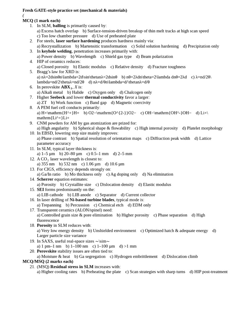 GATE-Style Mechanical Engineering MCQs | PDF | Porosity | Crystallite