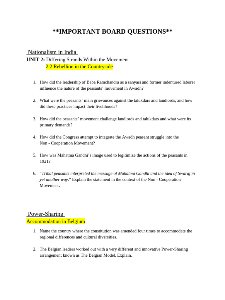 Important Board Questions - History & Democratic Politics | PDF