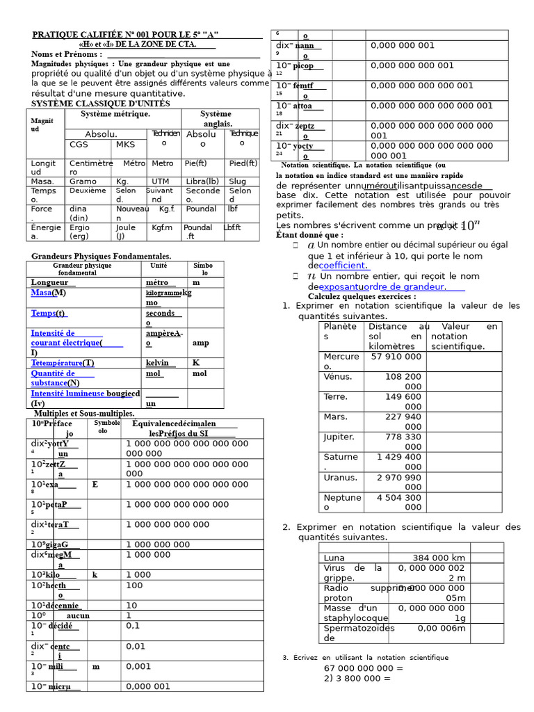 Magnitudes physiques et notation scientifique | PDF | Système ...