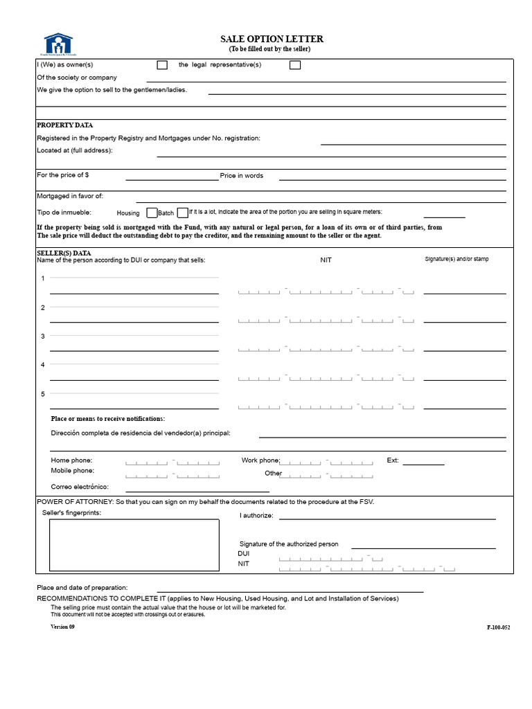 Sale Option Letter (Seller) FSV | PDF | Mortgages | Credit