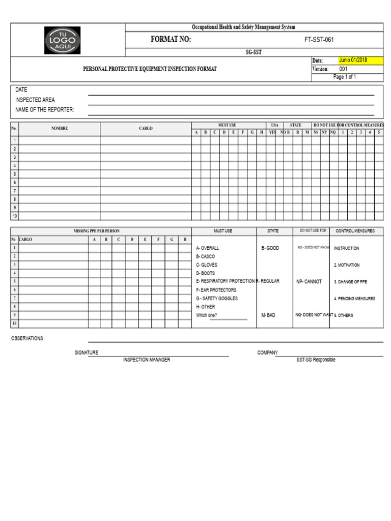 PPE Inspection Format for Safety Management | PDF | Personal Protective ...