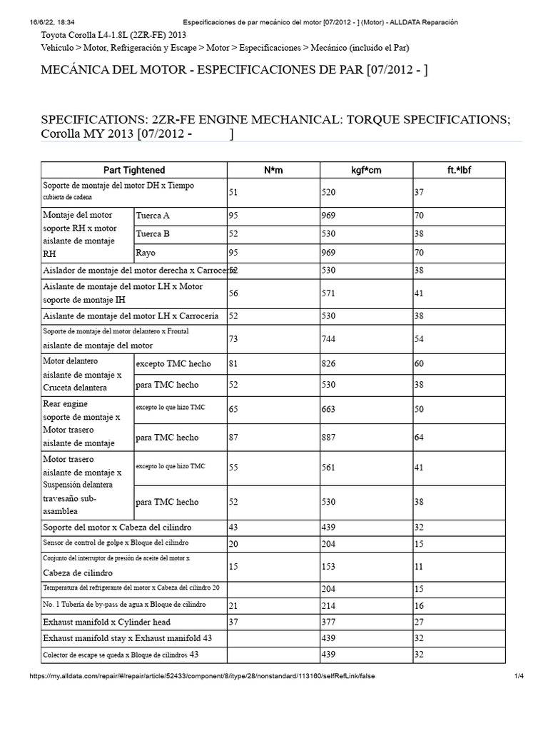 Especificaciones de Par Del Motor Corolla - Especificaciones Mecánicas ...