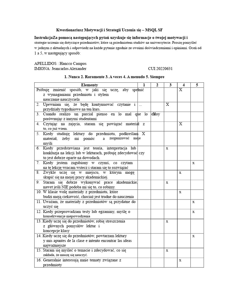 Kwestionariusz Motywacji I Strategii Uczenia Się - MSQL SF | PDF