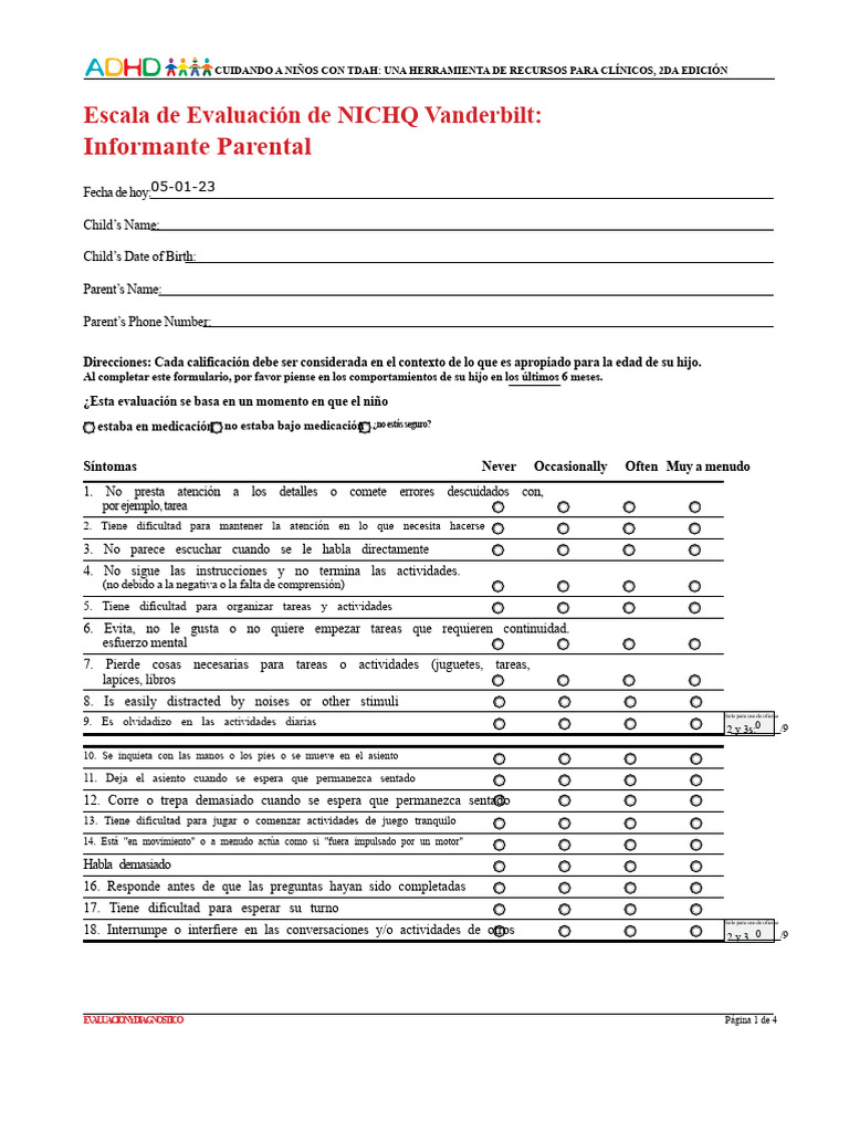 Evaluación TDAH: Escala NICHQ Vanderbilt | PDF | Desorden hiperactivo y ...