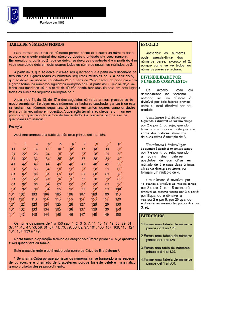 Tabela de Números Primos até 150 | PDF | Número primo | Conceitos ...