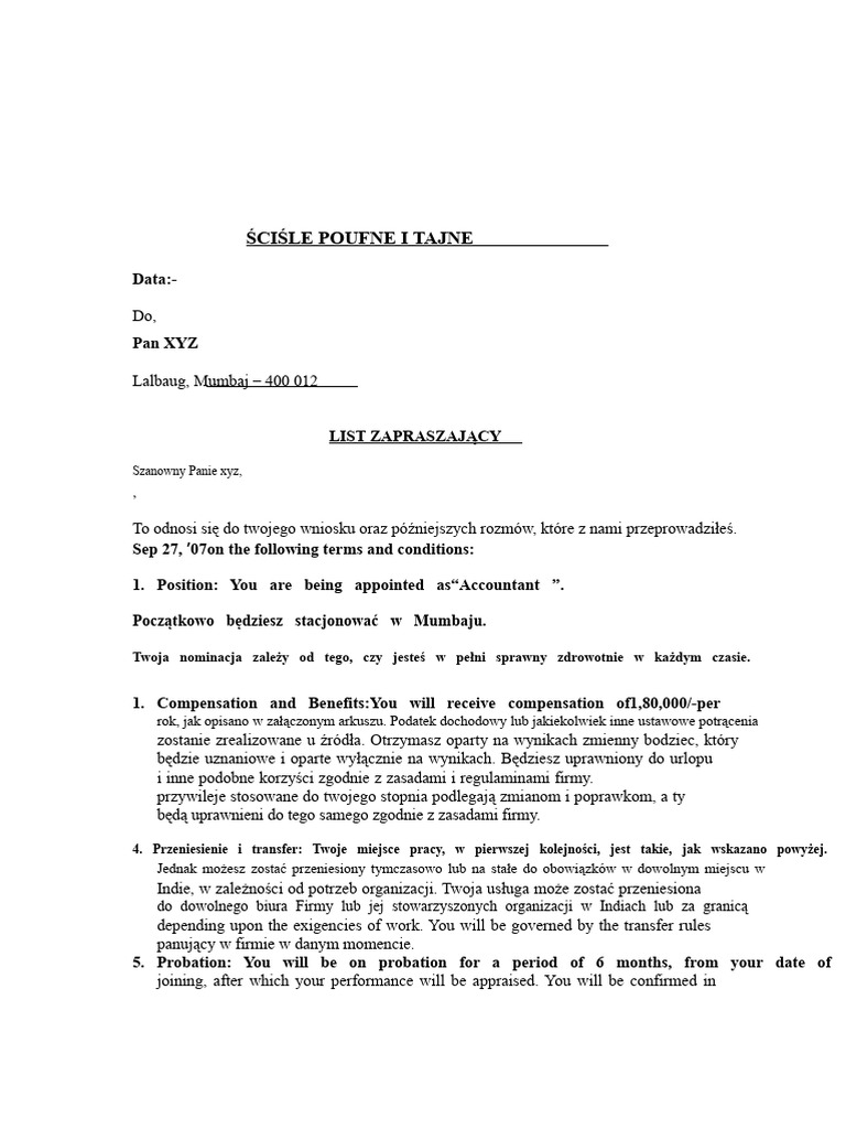 Format Listu Zatrudnienia | PDF