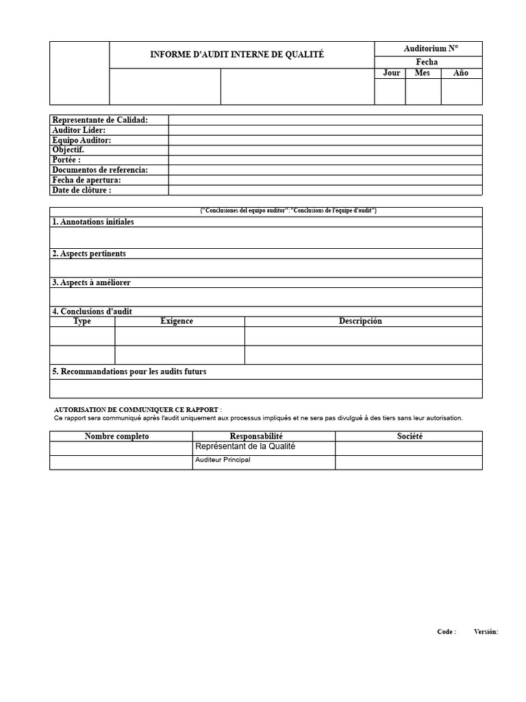 Rapport D Audit Interne De Qualit PDF