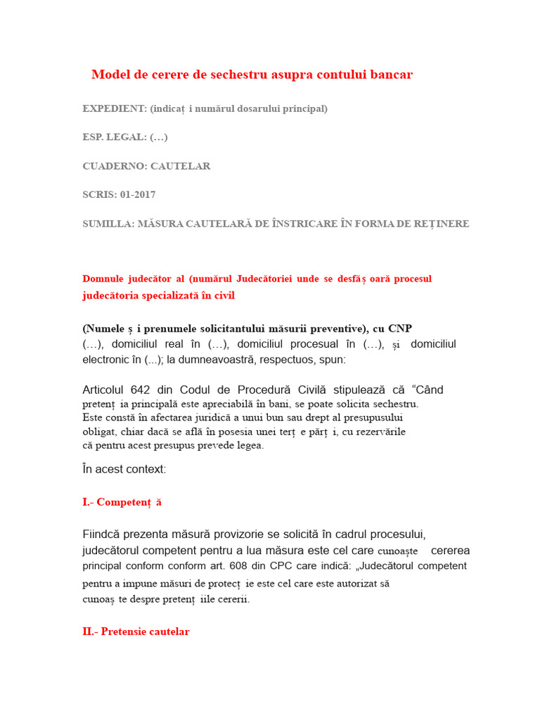 Model de Cerere de Sechestrare Pe Cont Bancar | PDF