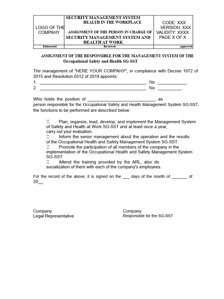 Model - Format Assignment of The Responsible For The SG-SST | PDF