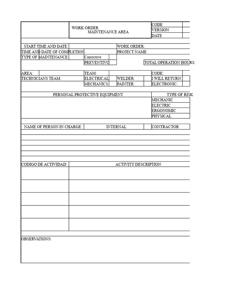 Maintenance Work Order Template | PDF