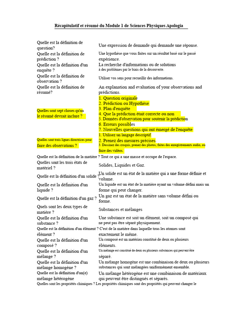 Résumé du Module 1 en Sciences Physiques | PDF | Matière | Chimie