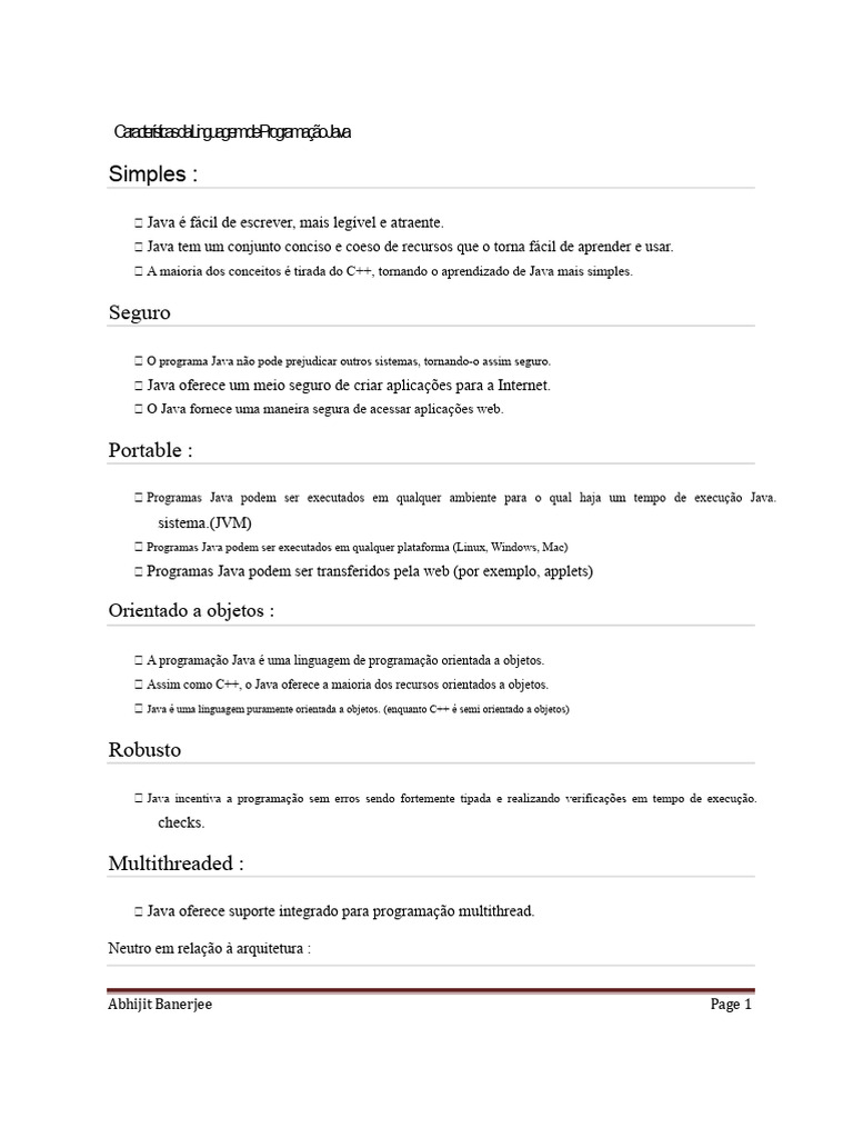 Características da Linguagem Java | PDF | Java (linguagem de ...