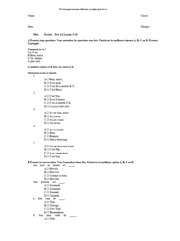 Test d'anglais débutant : Leçons 1-16 | PDF | Linguistique
