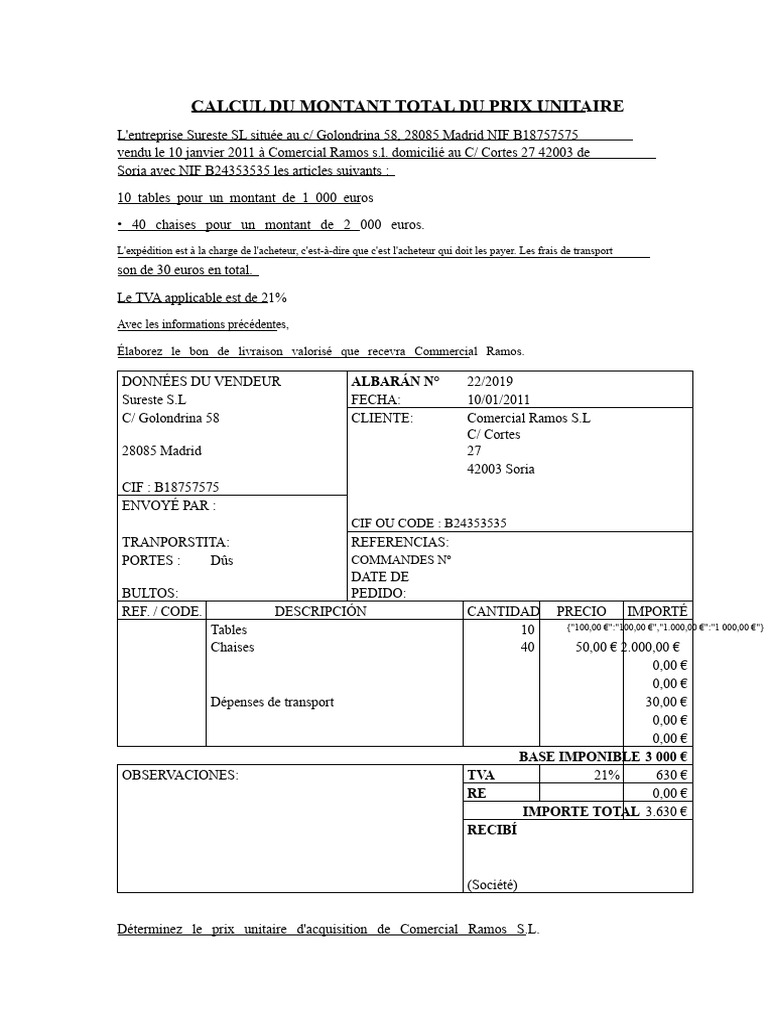 Calcul du prix unitaire d'acquisition | PDF | Taxe sur la valeur ...