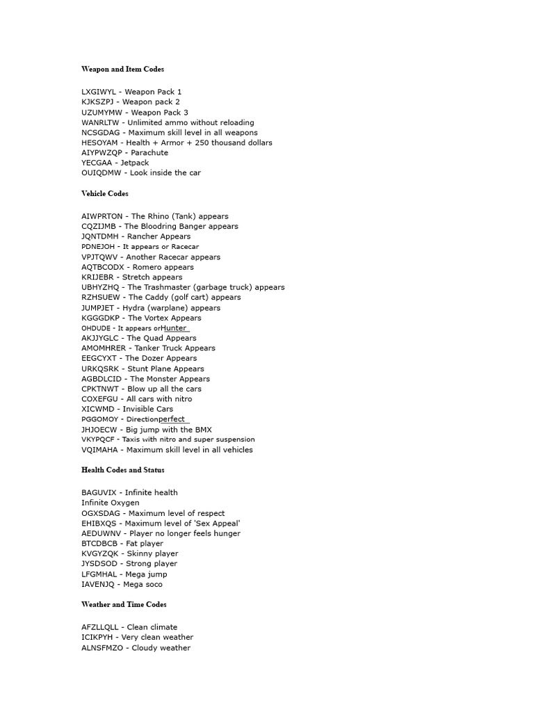 GTA SA PC Codes | PDF | Traffic | Vehicles