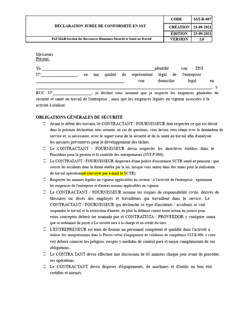 Déclaration de conformité SST 2021 | PDF | Sécurité | Risque