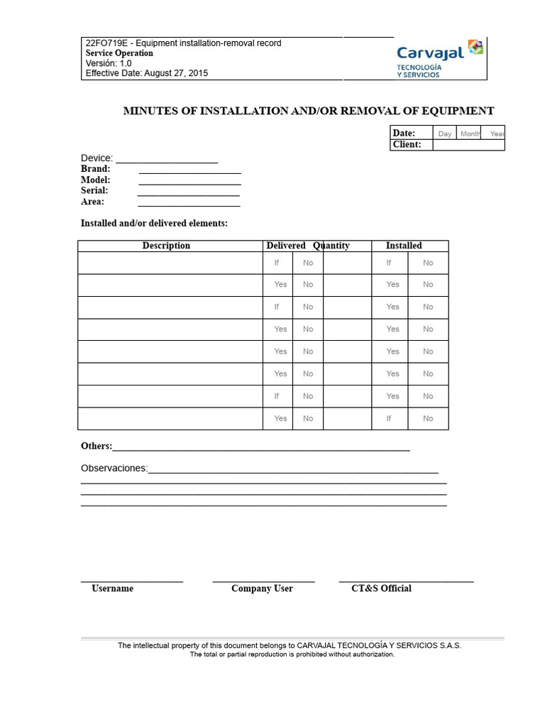 22FO719E - Equipment Installation-Removal Record | PDF