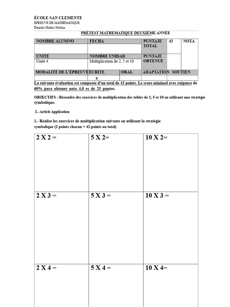Évaluation de multiplication en maths | PDF