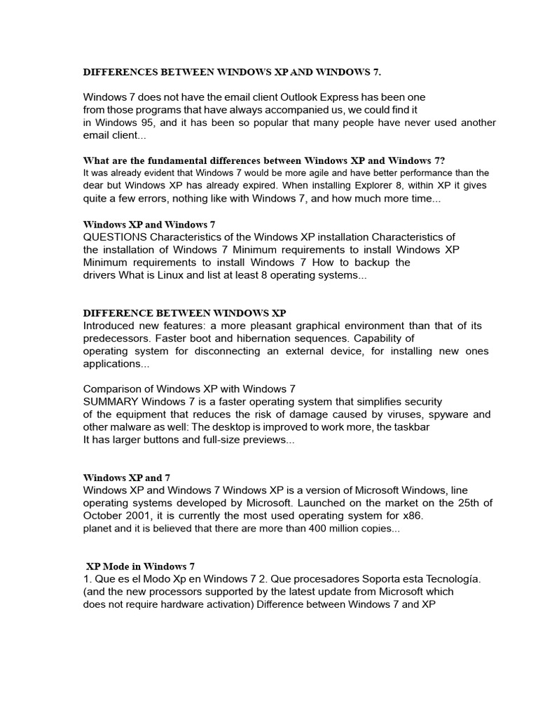 Differences Between Windows XP and Windows 7 | PDF | Microsoft Windows ...
