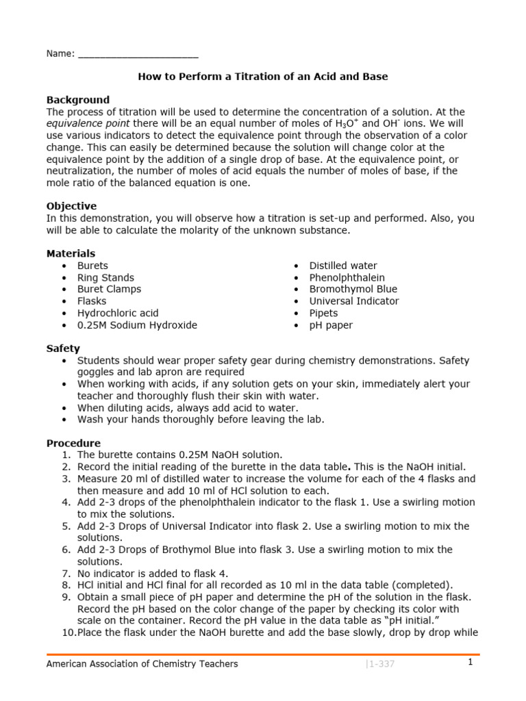 Acid-Base Titration Procedure Guide | PDF | Titration | Chemistry