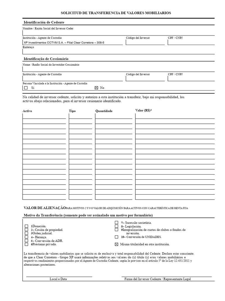 Solicitud de Transferencia de Valores Mobiliarios | PDF | Impuesto ...