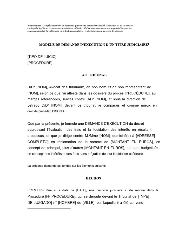 Modèle de demande d'exécution judiciaire | PDF | Systèmes judiciaires ...