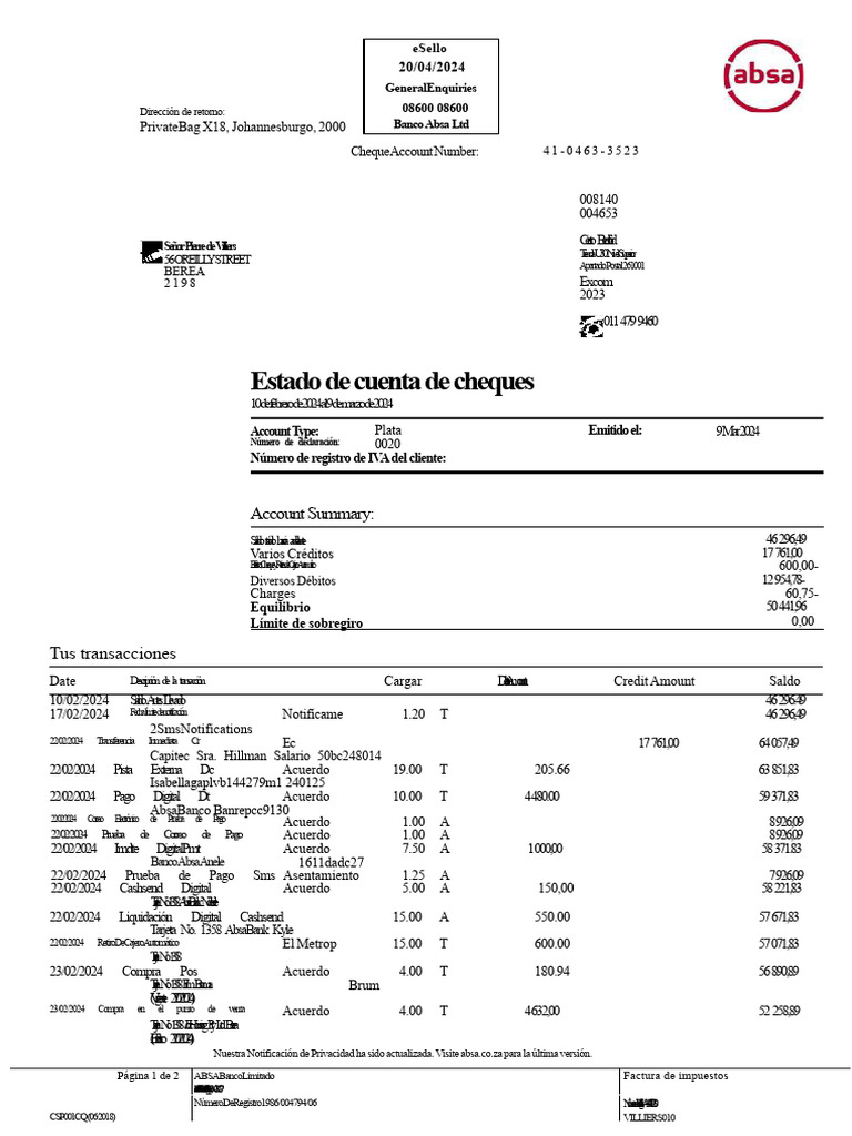 Estado de Cuenta Cheques Absa 2024 | PDF | Bancario | Bancos