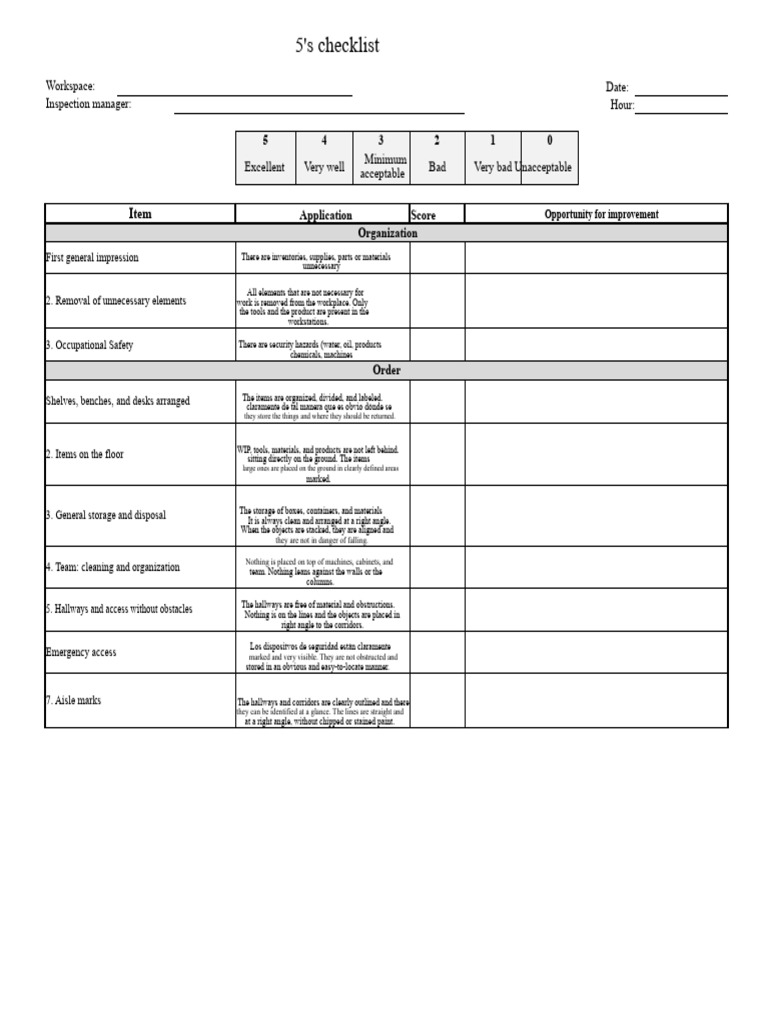 5S Workplace Inspection Checklist | PDF