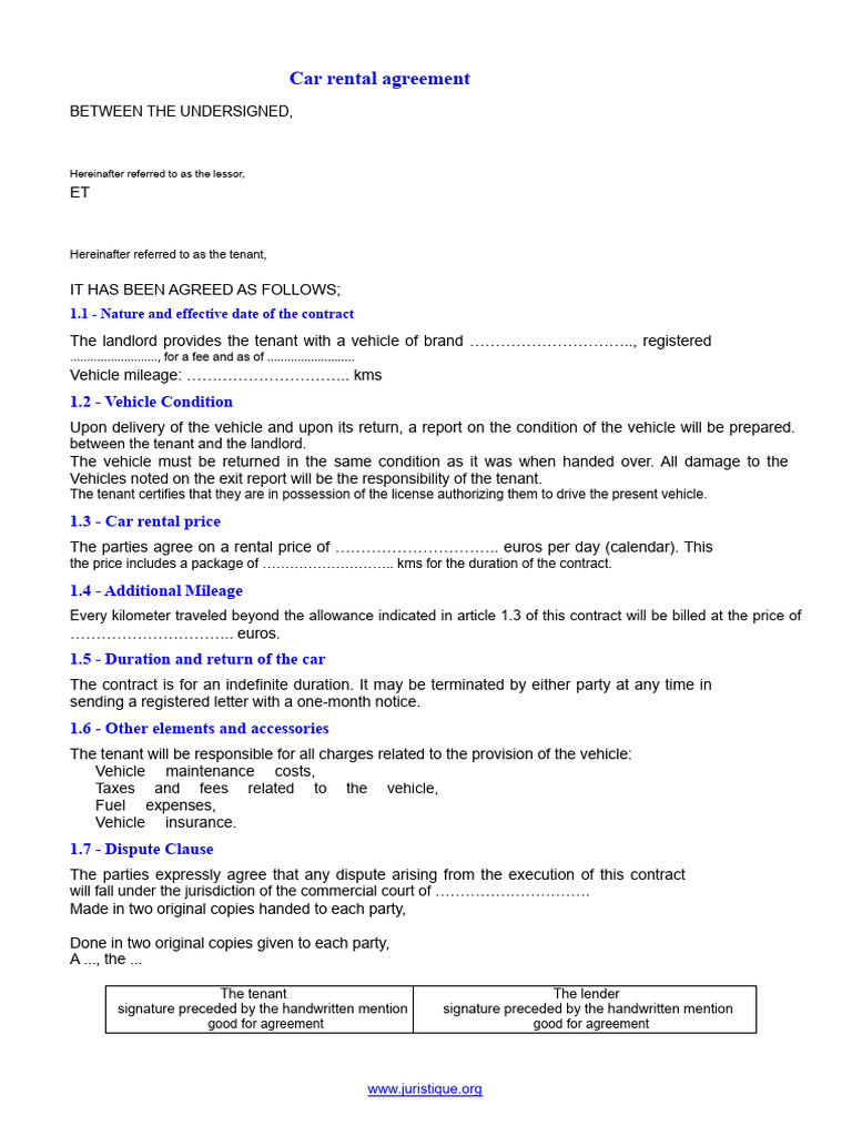 Car Rental Contract Template PDF Format 1 | PDF