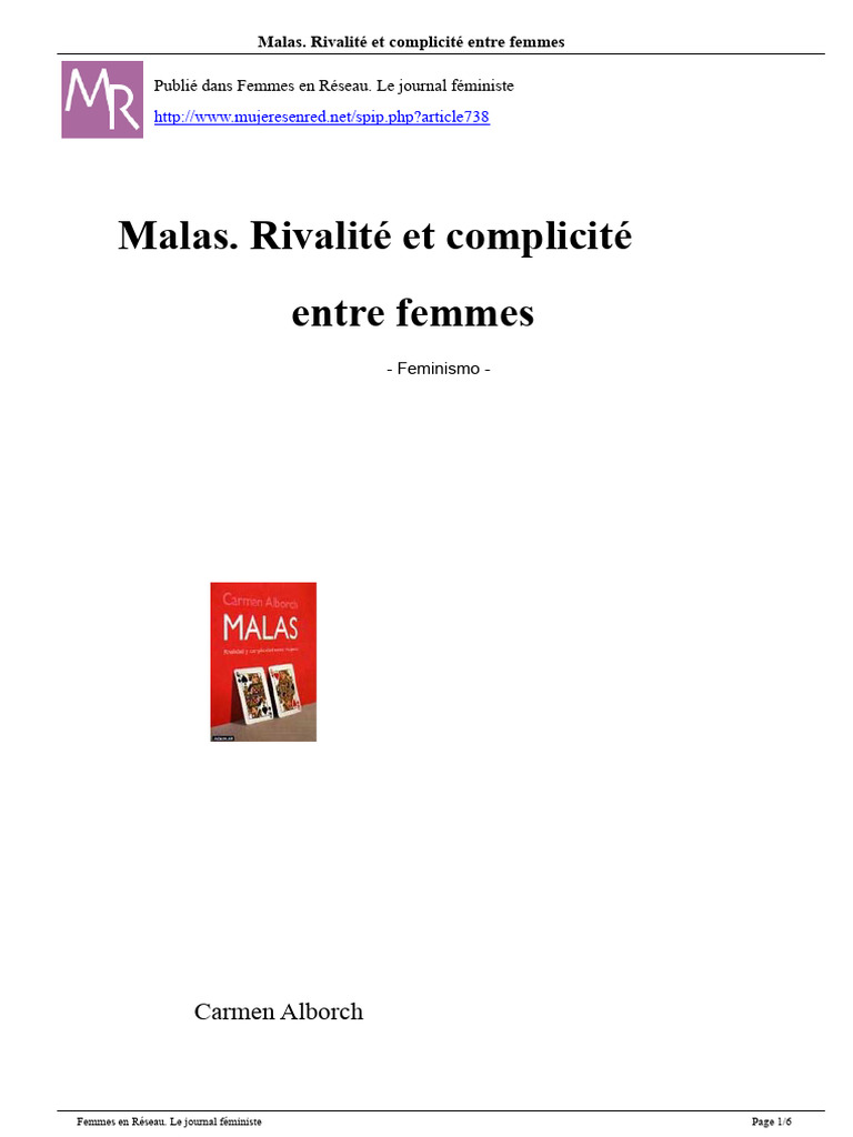 Mauvaises. Rivalité Et Complicité Entre Femmes Carmen Alborch Article ...