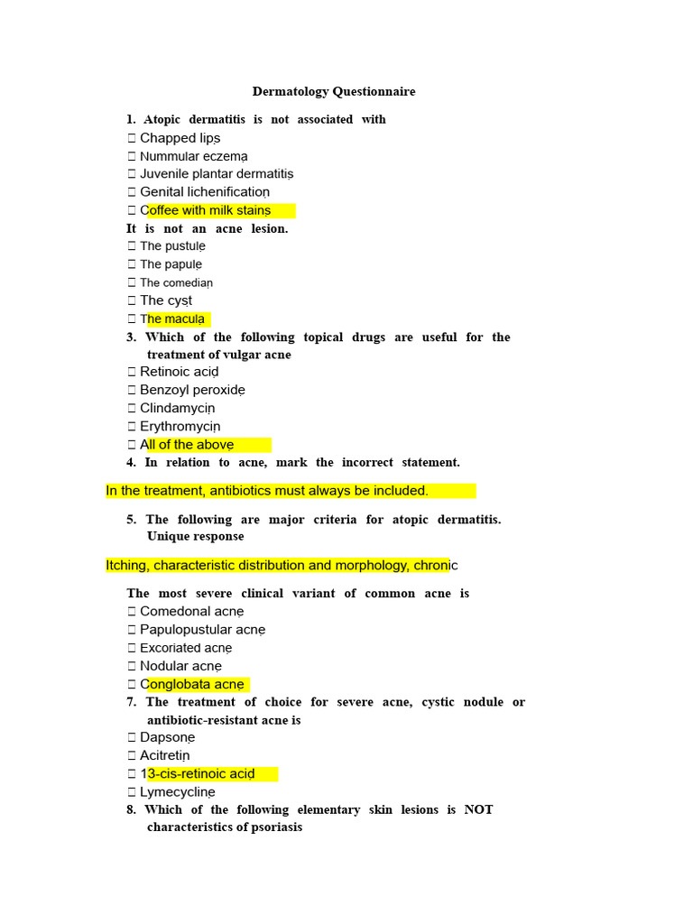 Dermatology Questionnaire Insights | PDF | Melanoma | Psoriasis