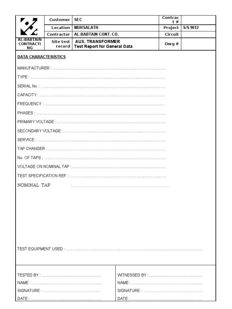 750KVA Auxiliary Transformer Test Report | PDF | Technology & Engineering