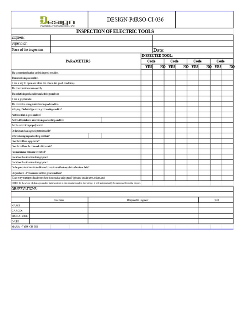 Electric Tools Inspection Checklist | PDF