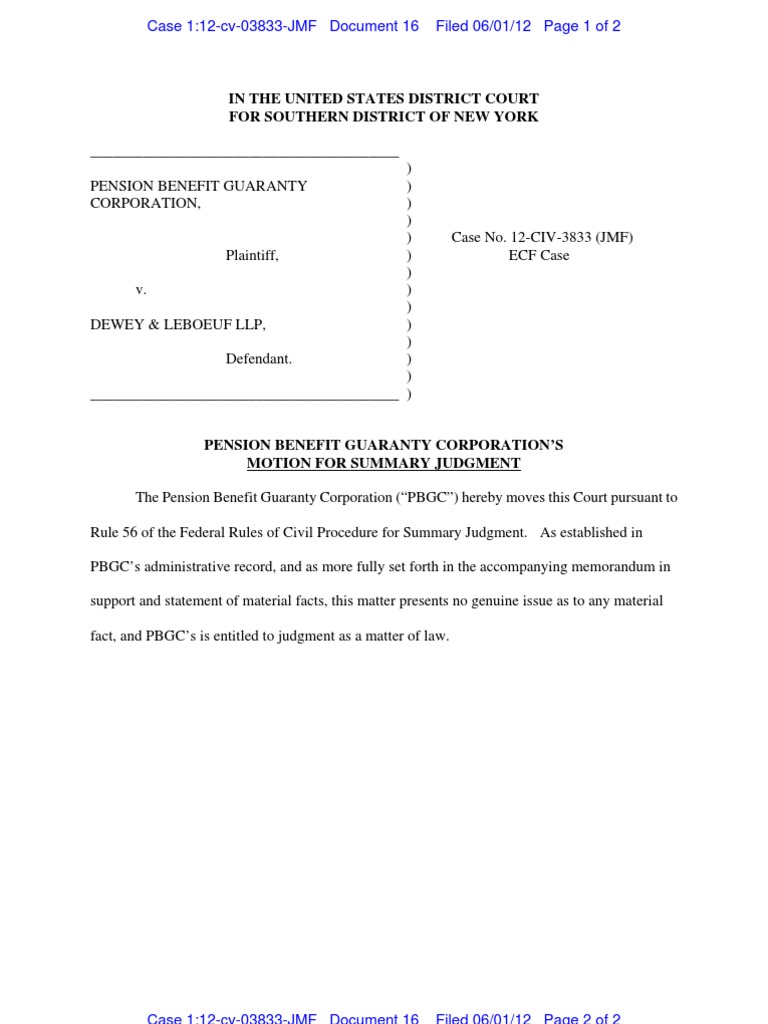 PBGC Motion for Summary Judgement Summary Judgment Judgment (Law
