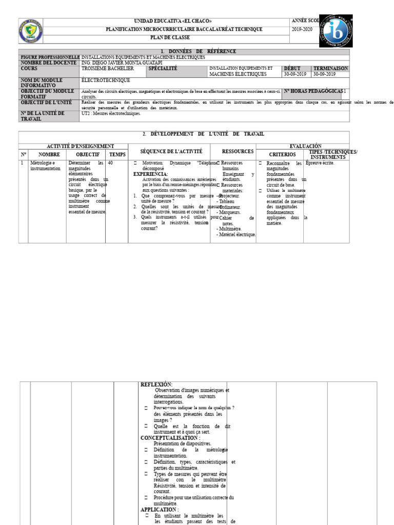 Plan de classe électrotechnique 2019-2020 | PDF | Métrologie | Électronique